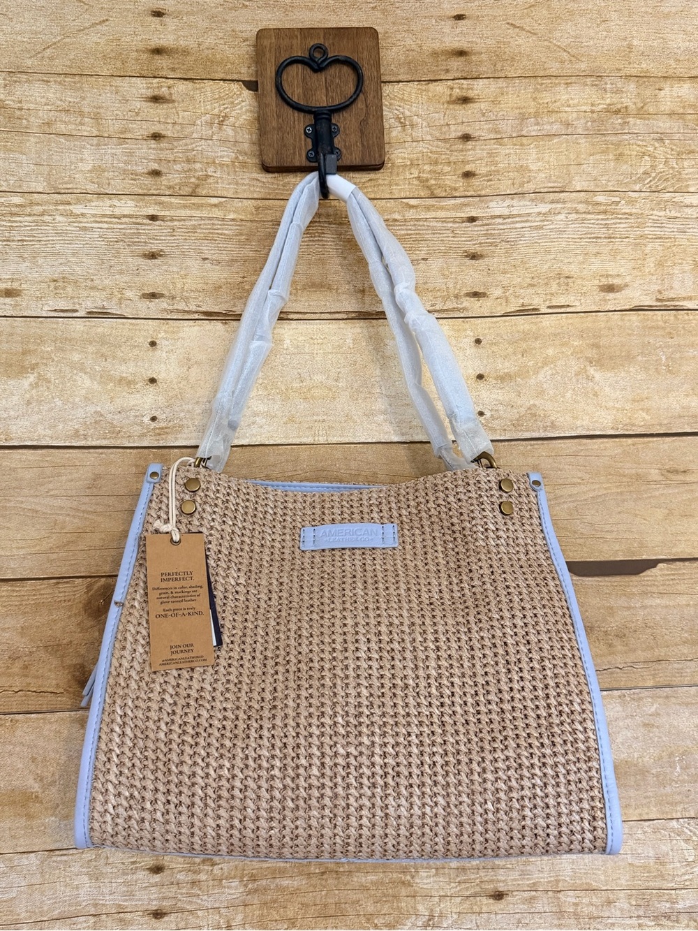 American Leather Co Triple Entry Raffia Satchel - Sea Breeze NWT - Picture 2 of 9